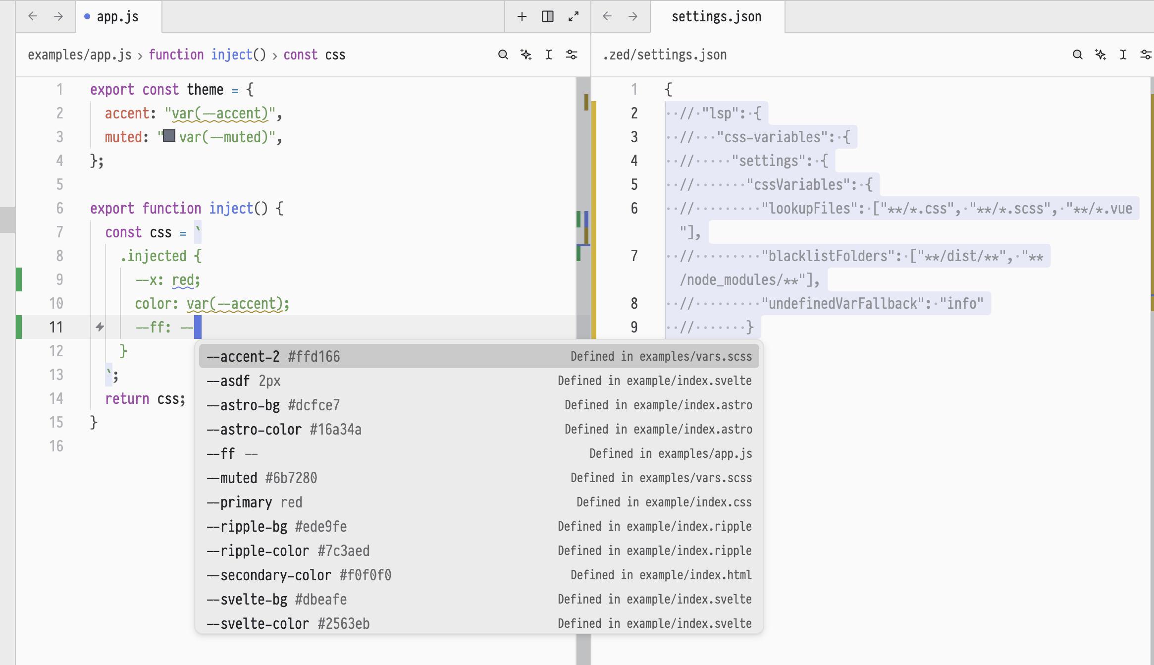 Zed showing CSS variable autocomplete with values and definition paths from Astro, HTML, Svelte, SCSS, and JavaScript files